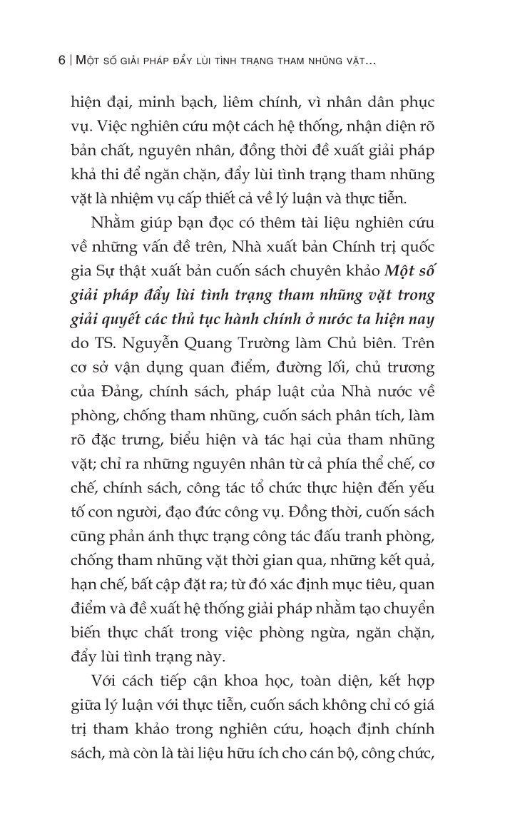 Một số giải pháp đẩy lùi tình trạng tham nhũng vặt trong giải quyết các thủ tục hành chính ở nước ta hiện nay (Sách chuyên khảo) 