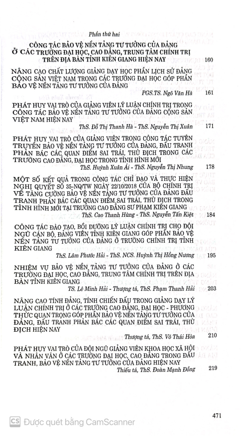 Nâng cao hiệu quả công tác bảo vệ nền tảng tư tưởng của Đảng ở các trường Đại học, Cao đẳng, Trung tâm chính trị trên địa bản tỉnh Kiên Giang (Kỷ yếu Hội thảo khoa học cấp tỉnh)