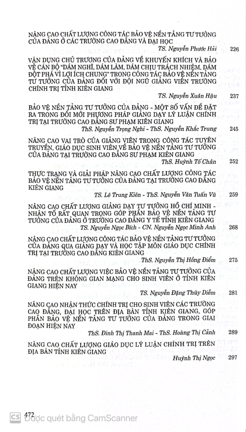 Nâng cao hiệu quả công tác bảo vệ nền tảng tư tưởng của Đảng ở các trường Đại học, Cao đẳng, Trung tâm chính trị trên địa bản tỉnh Kiên Giang (Kỷ yếu Hội thảo khoa học cấp tỉnh)