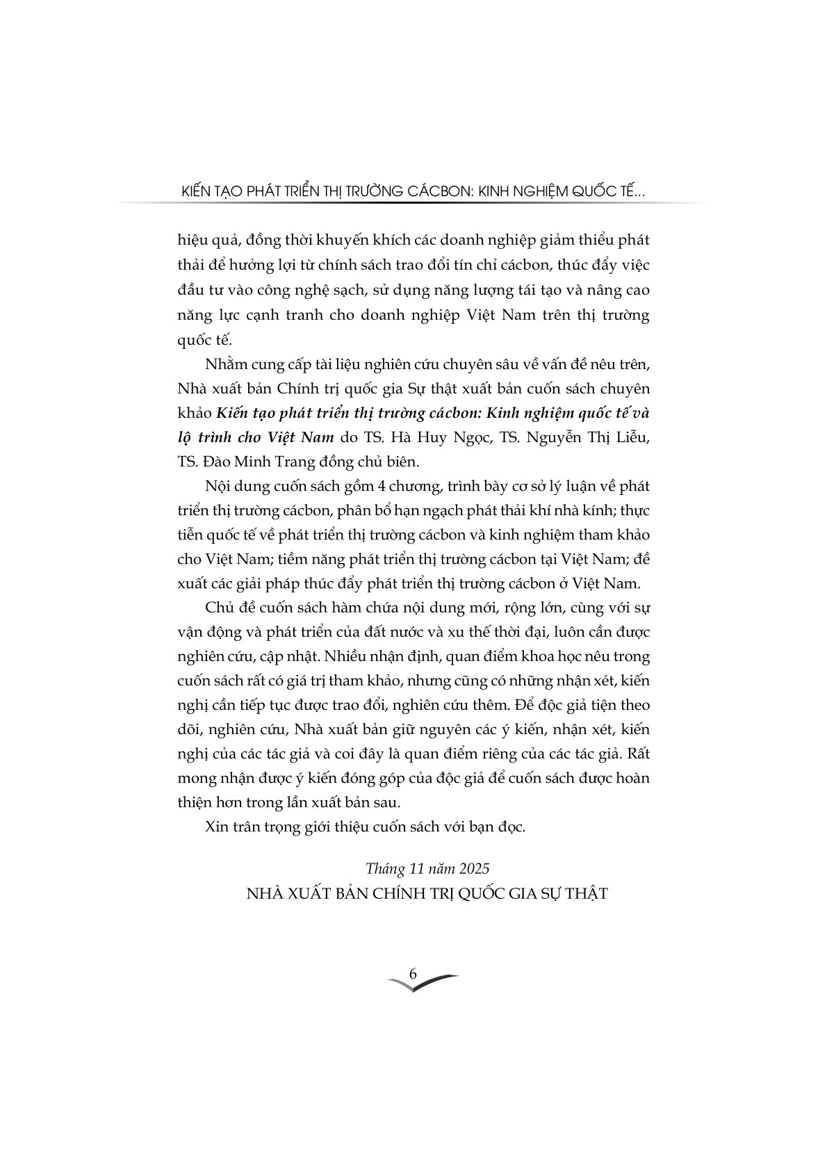 Kiến tạo phát triển thị trường cácbon: Kinh nghiệm quốc tế và lộ trình cho Việt Nam (Sách chuyên khảo)