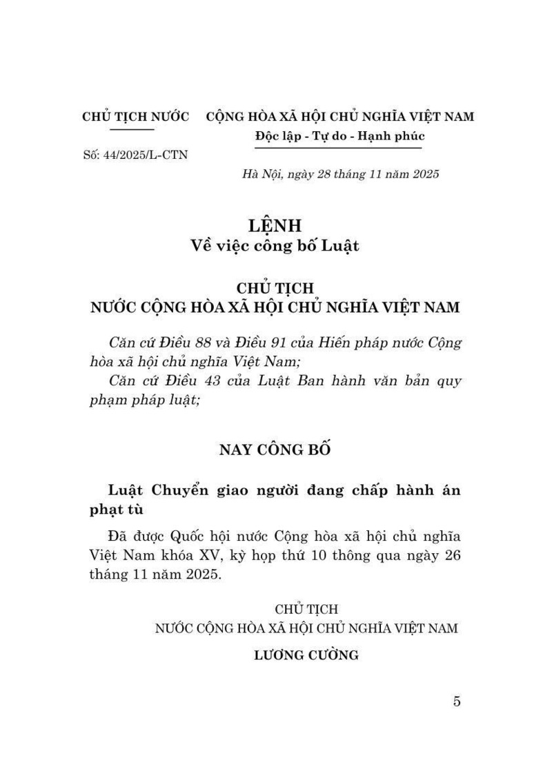 Luật Chuyển giao người đang chấp hành án phạt tù năm 2025