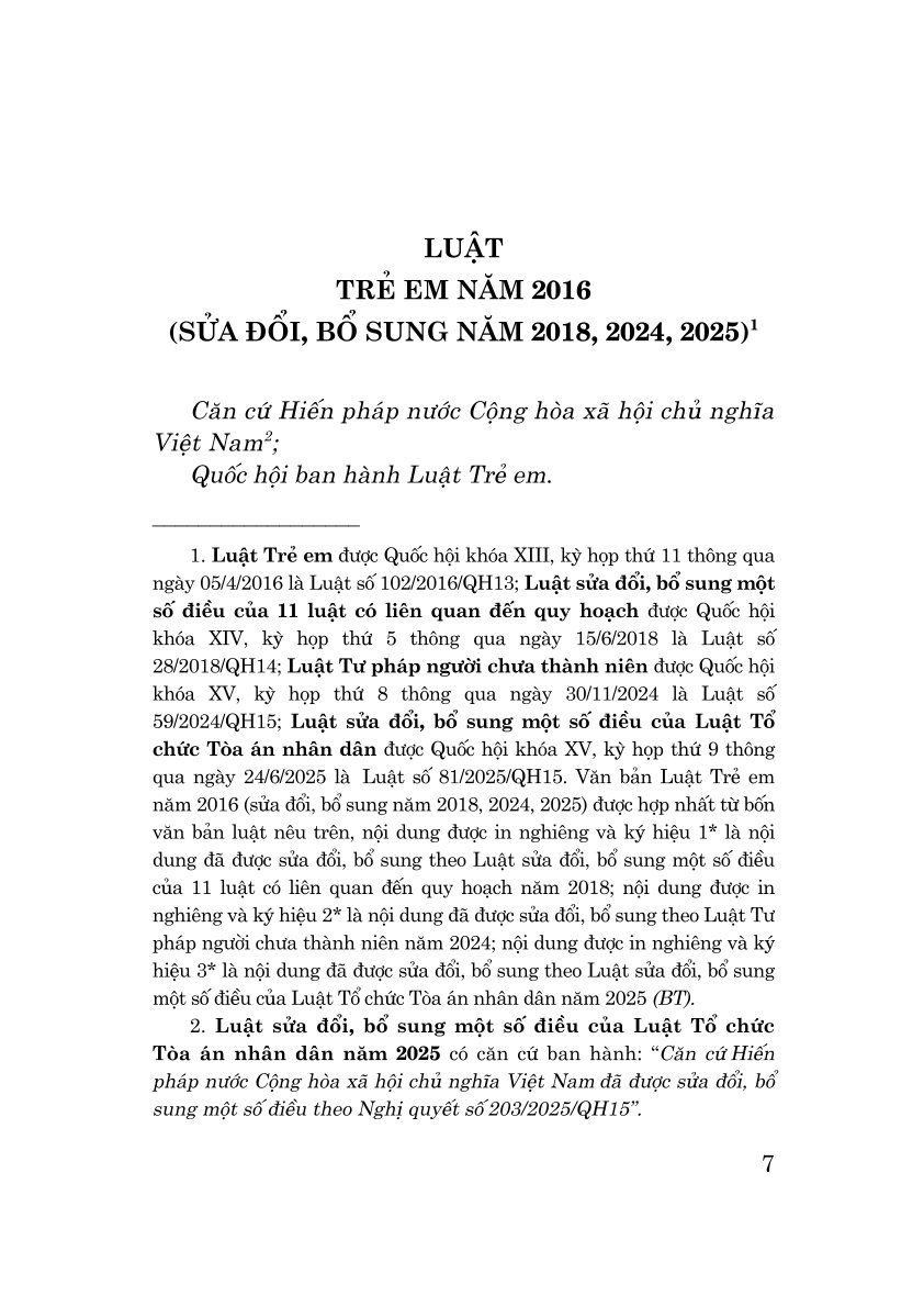 Luật Trẻ em năm 2016 (Sửa đổi, bổ sung năm 2018, 2024, 2025)